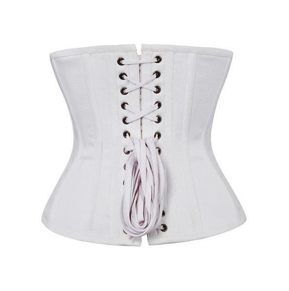 White structured corset with lace-up front and a gathered lace-up back detail, shown on a plain white background.