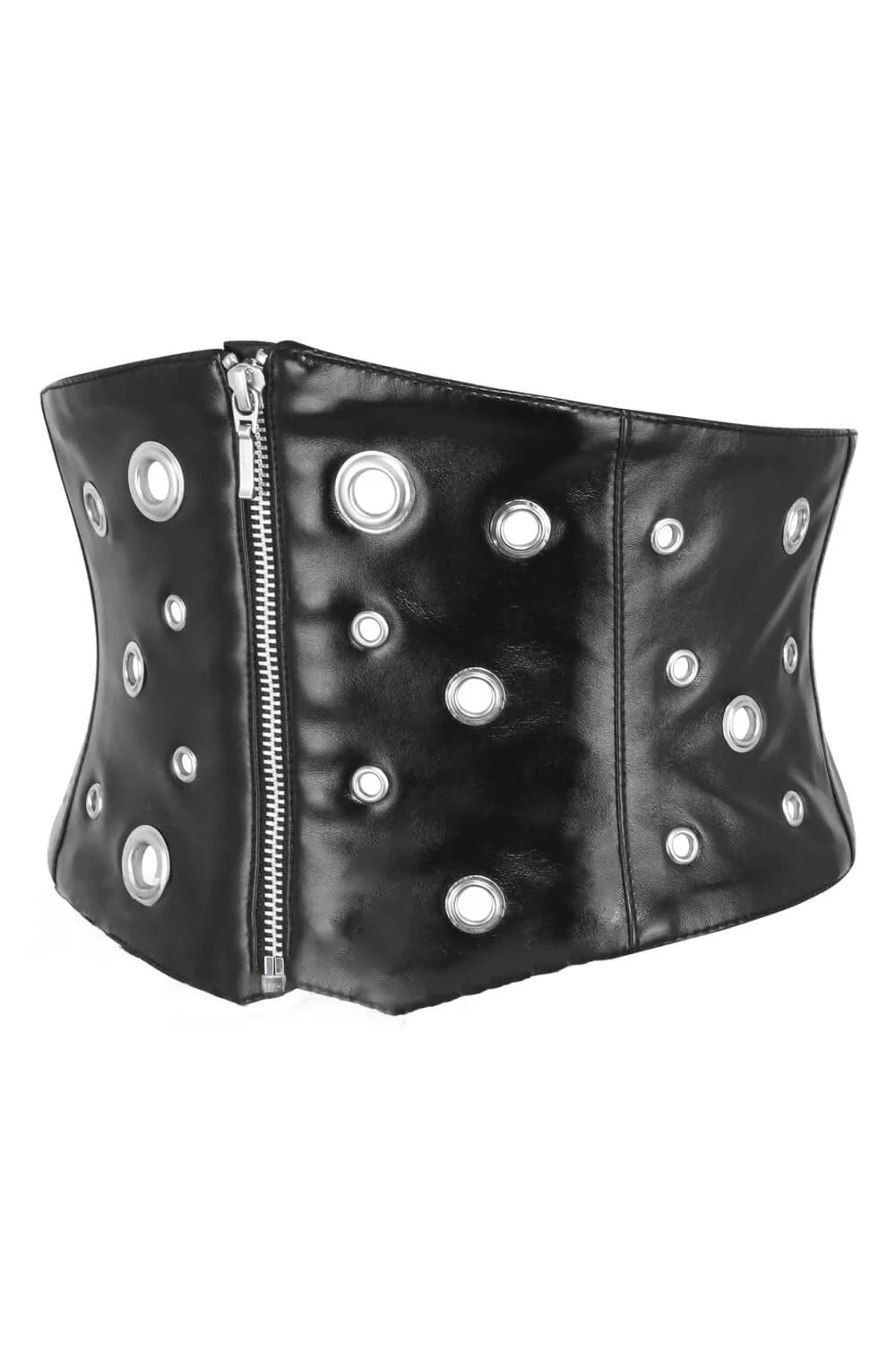 Women’s Punk Grommet Faux Leather Corset Belt | Heavy-Duty Zip Waist Trainer with Silver Eyelet Accents