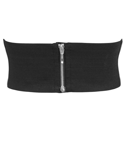 A wide black textured waistband or belt featuring a prominent silver metal zipper running down the center, shown against a plain white background.