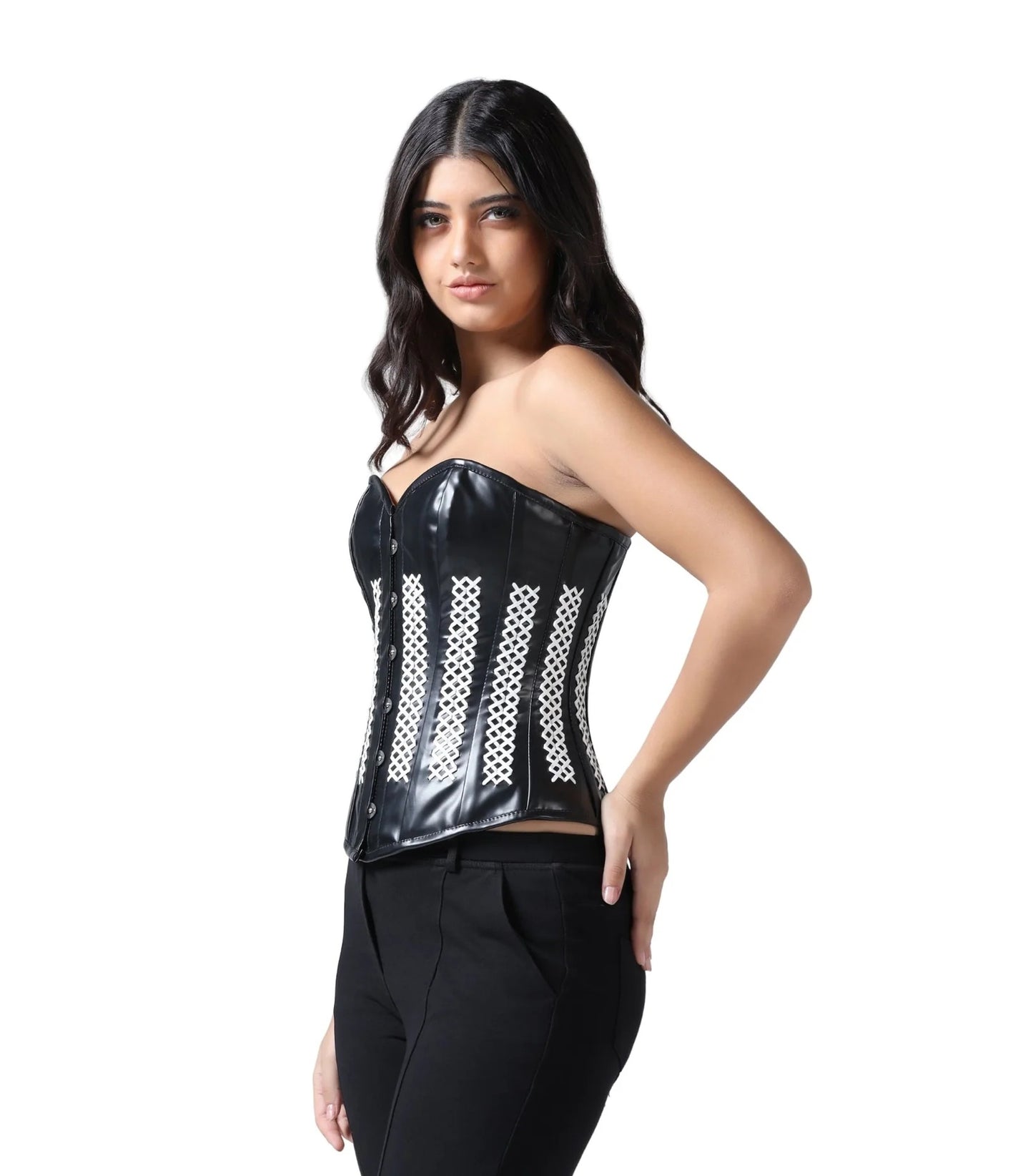 Black Faux Leather Steel Boned Corset with White Criss-Cross Detail