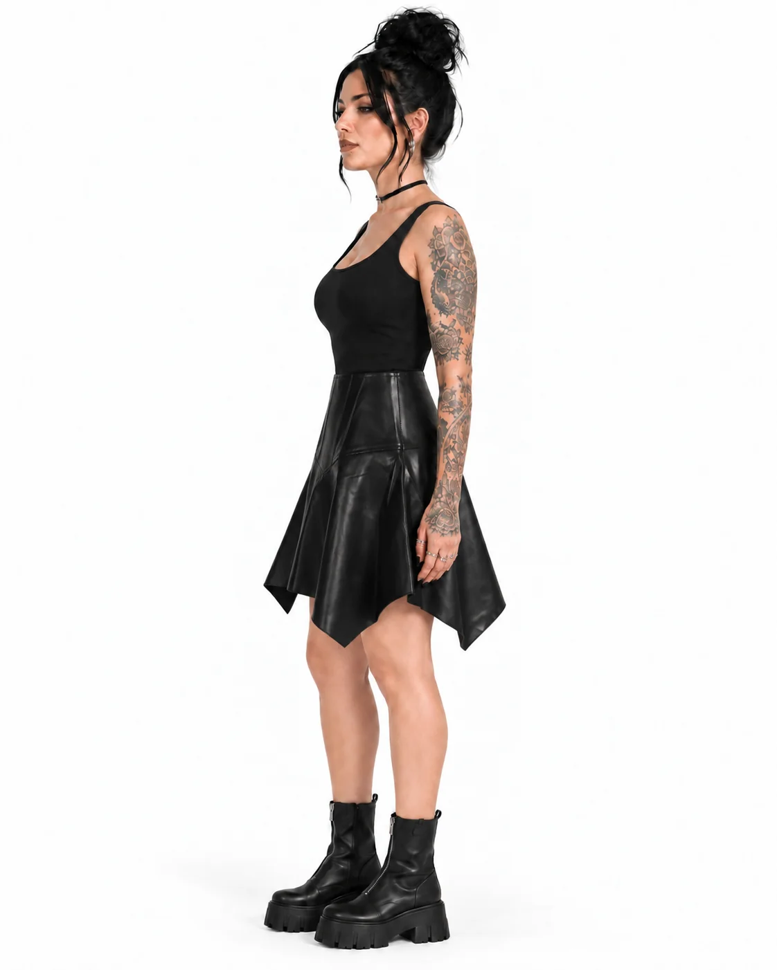 Black PU Asymmetrical V-Panel Skirt