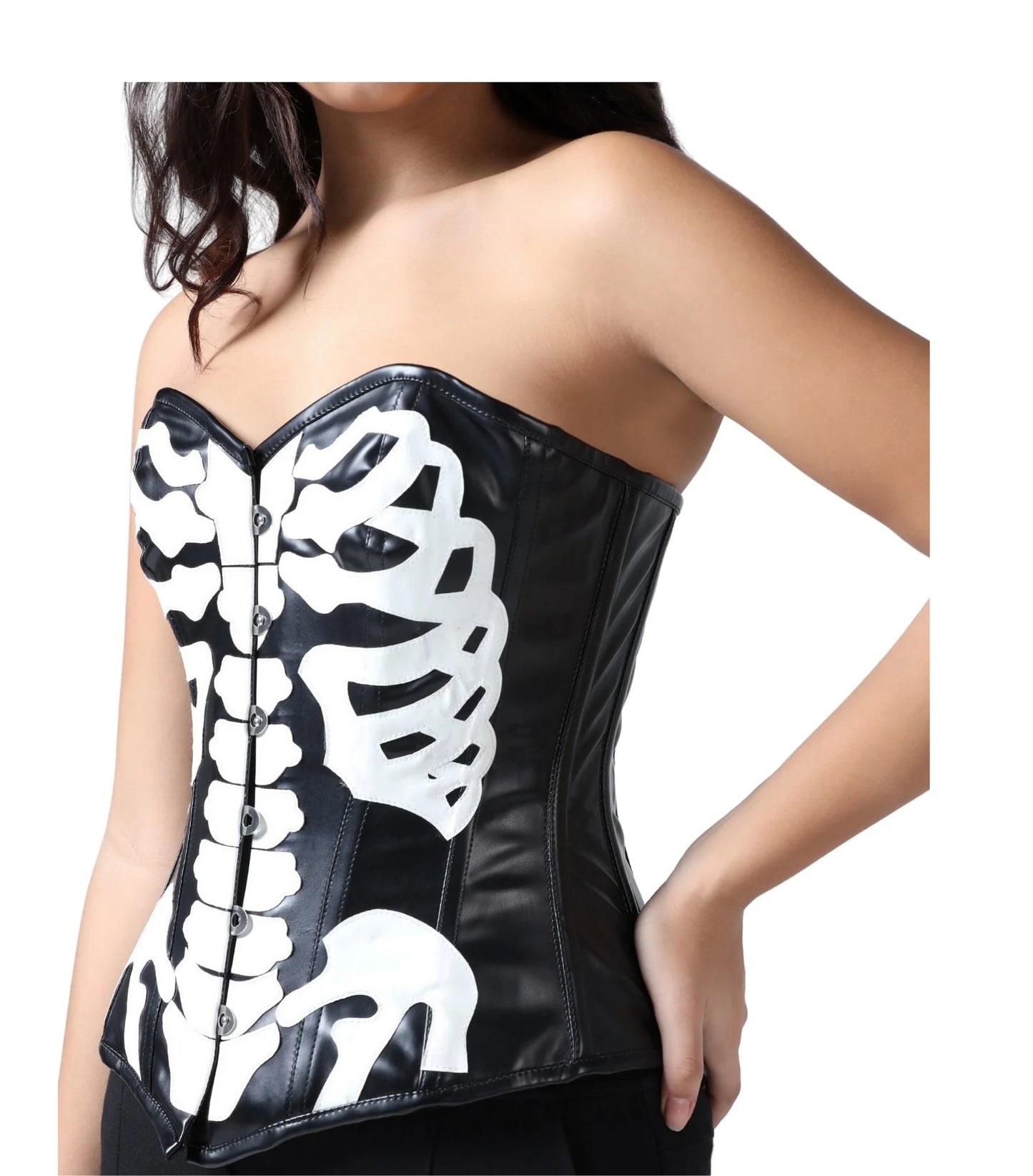 Skeleton Ribcage Black Faux Leather Gothic Overbust Corset