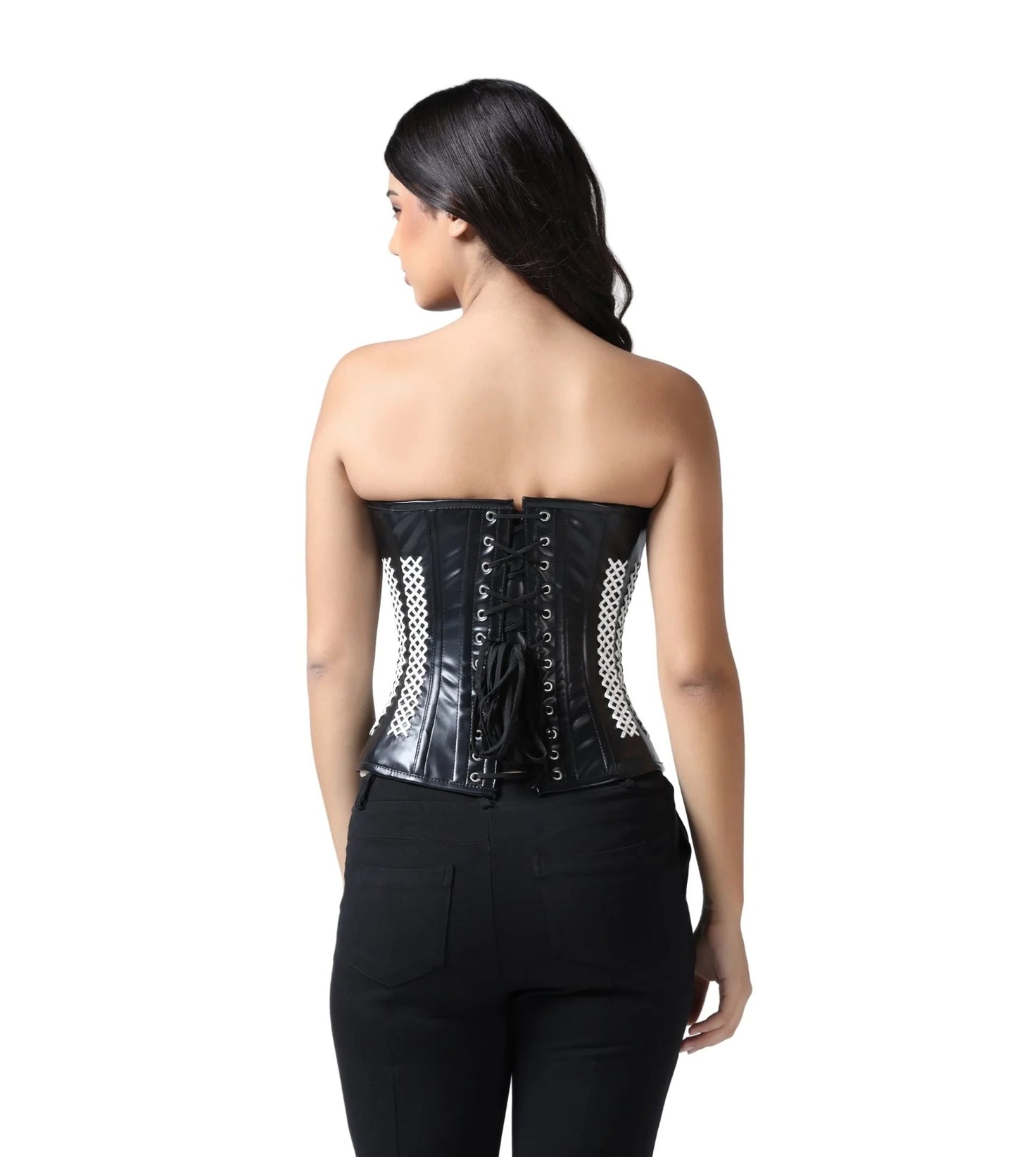 Black Faux Leather Steel Boned Corset with White Criss-Cross Detail