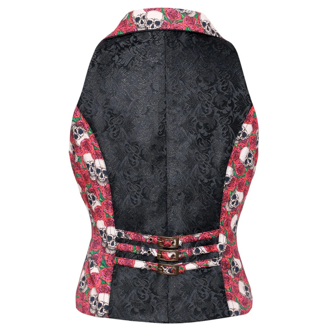 A women's structured vest shown from the back, featuring a black jacquard patterned center and red floral patterned side panels with skull and rose motifs.