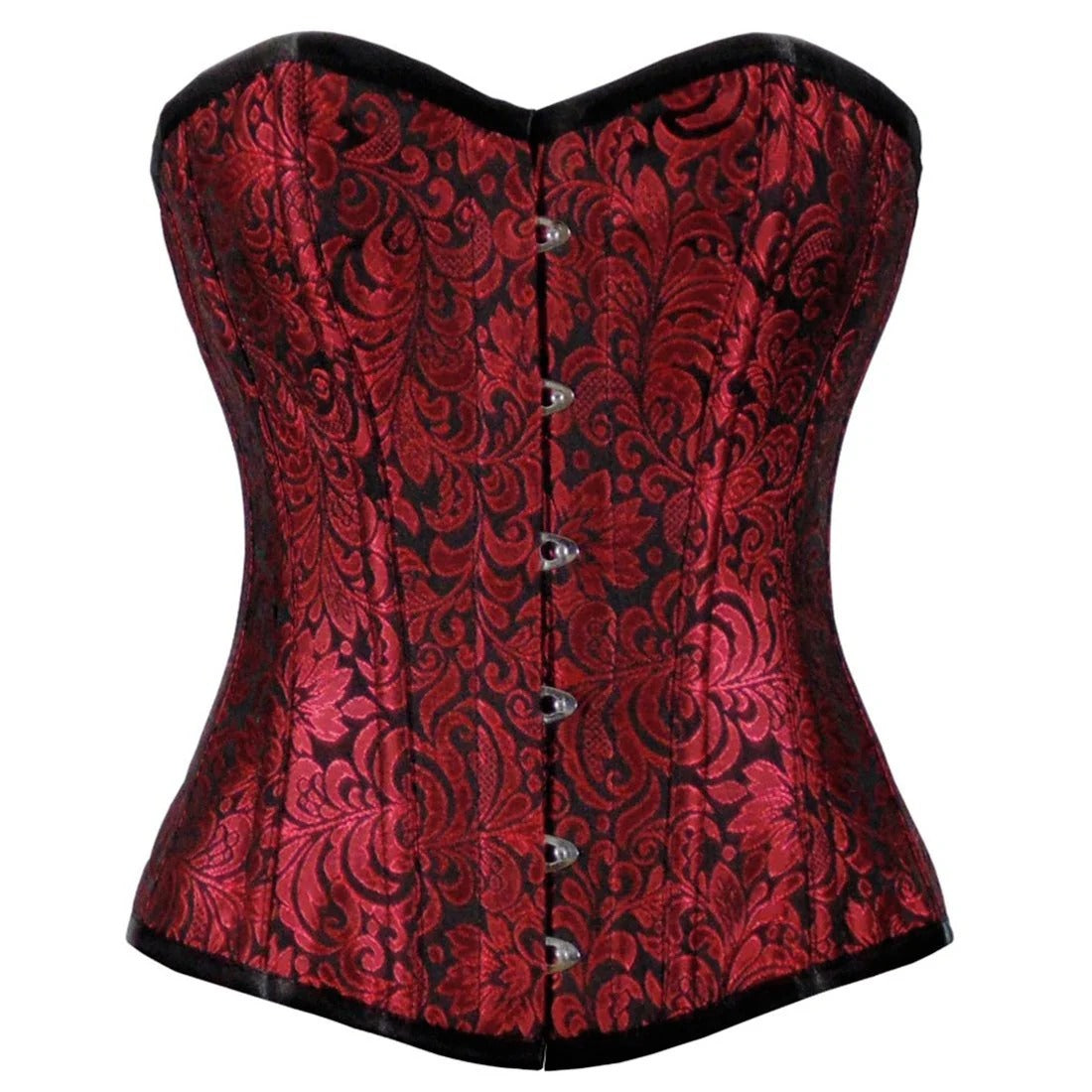 Red brocade corset with black trim on a white background
