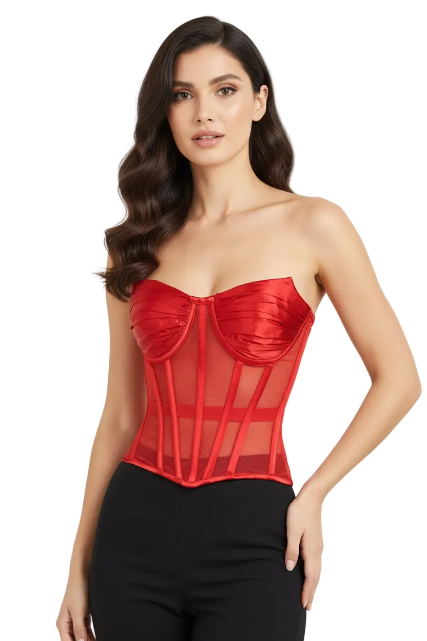 Red Satin & Sheer Mesh Cupped Overbust Corset