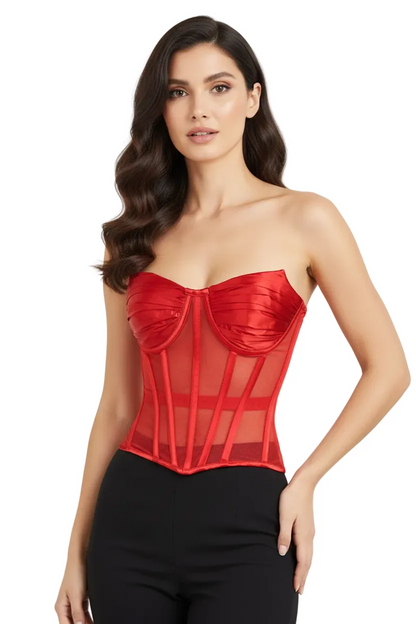 Red Satin & Sheer Mesh Cupped Overbust Corset