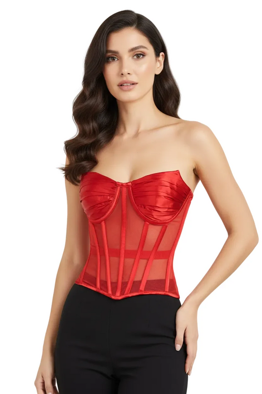 Red Satin & Sheer Mesh Cupped Overbust Corset
