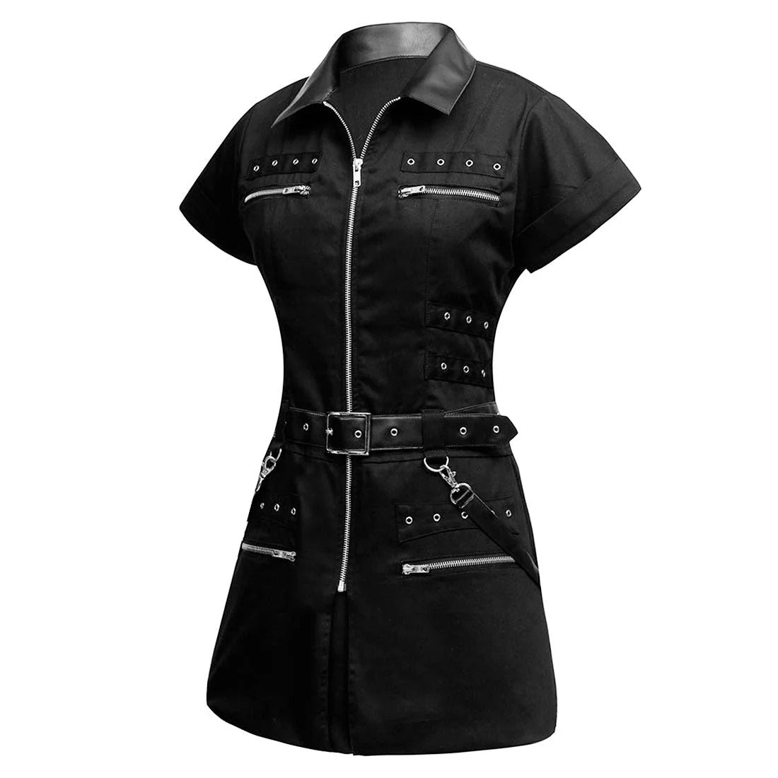 A black short-sleeve utility-style jacket with a front zipper, collar, multiple zippered pockets, and a matching belt with silver-tone hardware, shown on a plain white background.