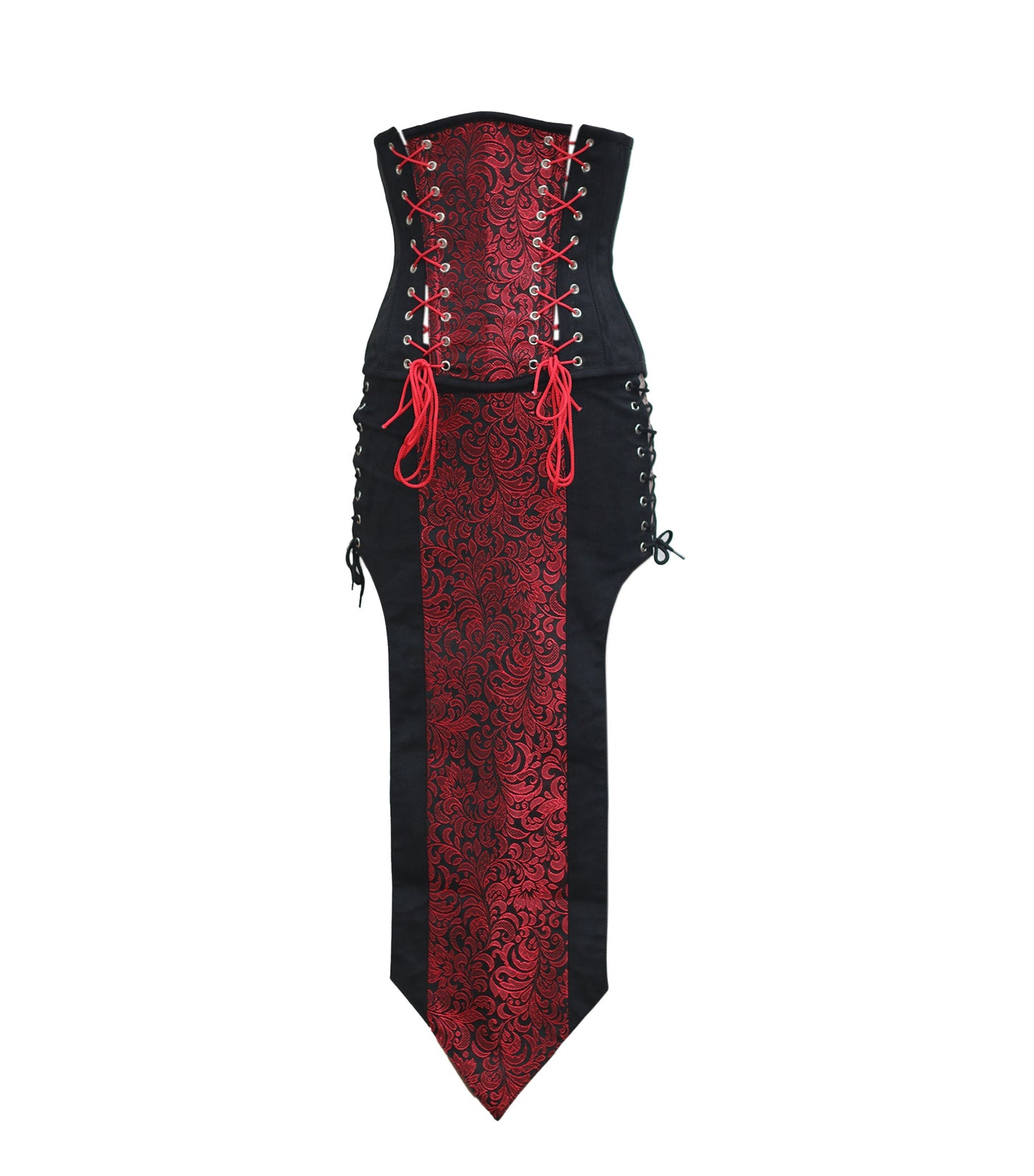 Red Brocade Black Suede Waist Reducing Underbust Corset Dress