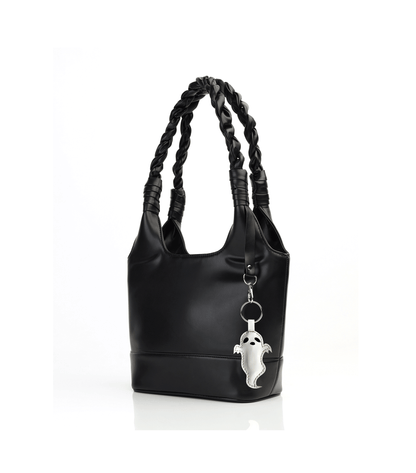 Women's Black Faux Leather Shoulder Bag with Braided Strap