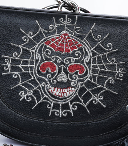 Black Faux Leather Skeleton Embroidered Sling Bag/Purse
