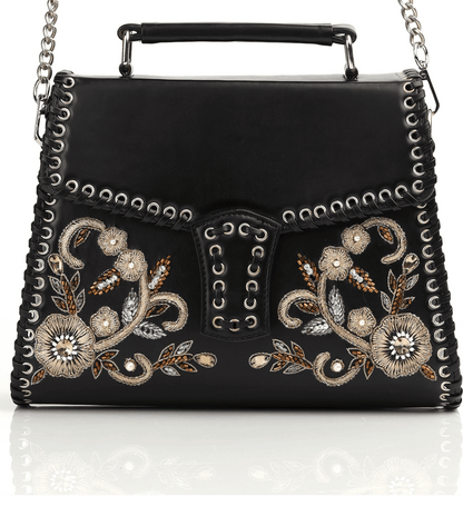 Floral Hand-Embroidered Black Faux Leather Top Handle Bag with Eyelet Design