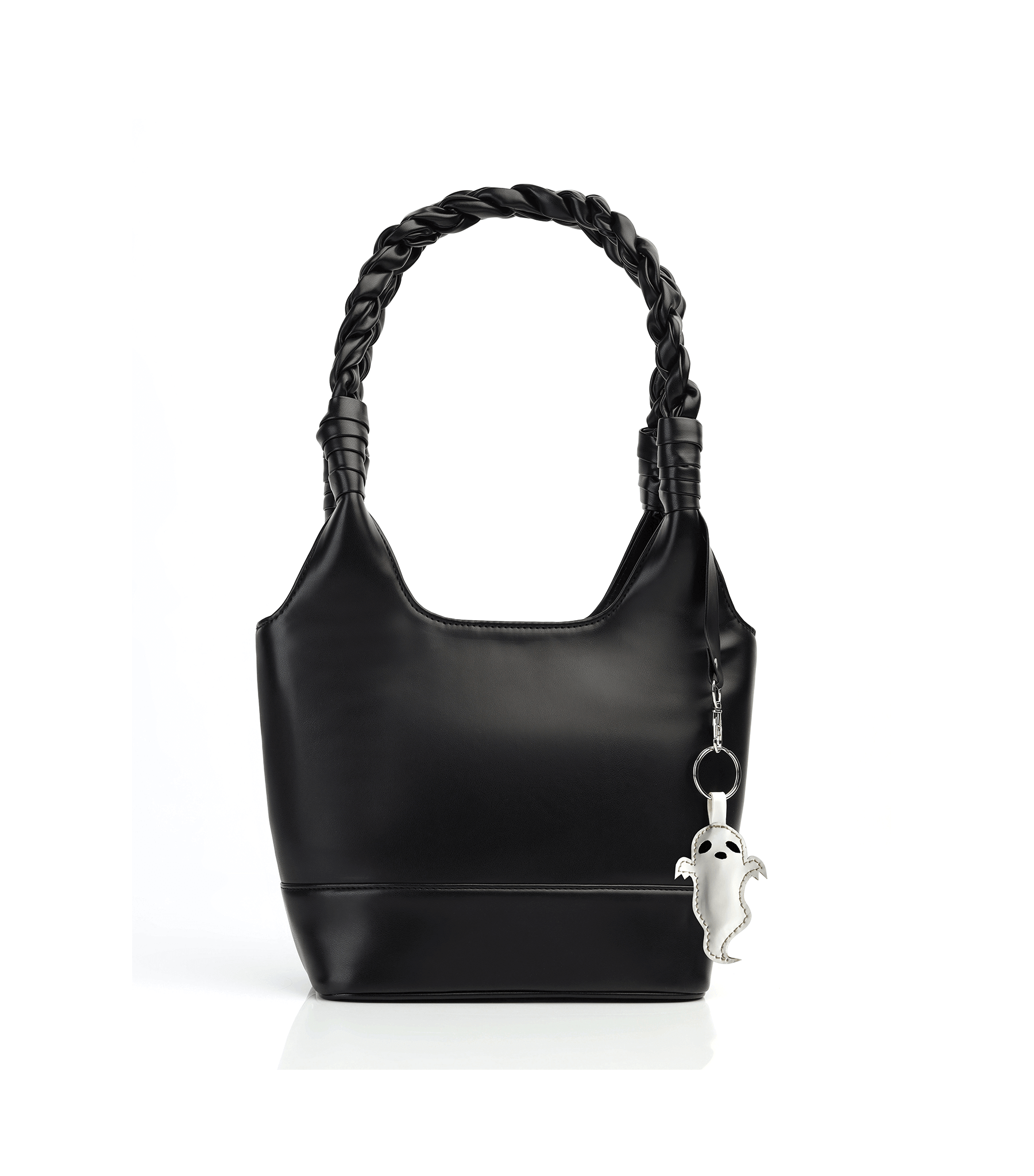 Women's Black Faux Leather Shoulder Bag with Braided Strap
