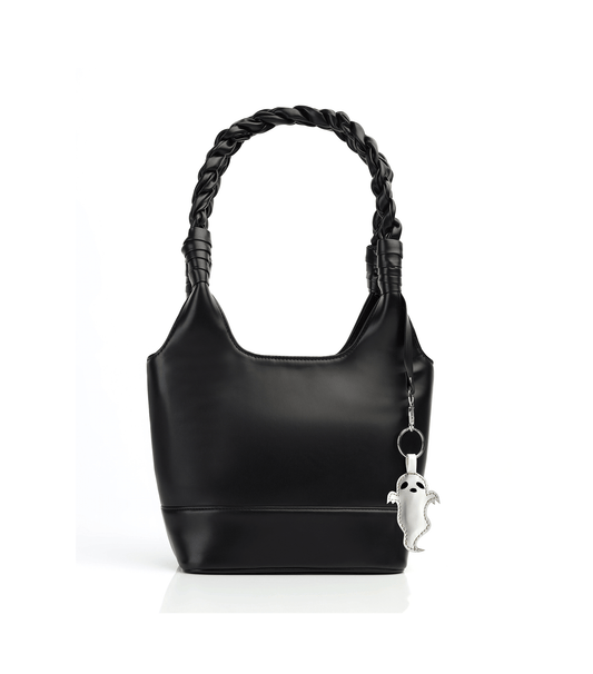 Women's Black Faux Leather Shoulder Bag with Braided Strap