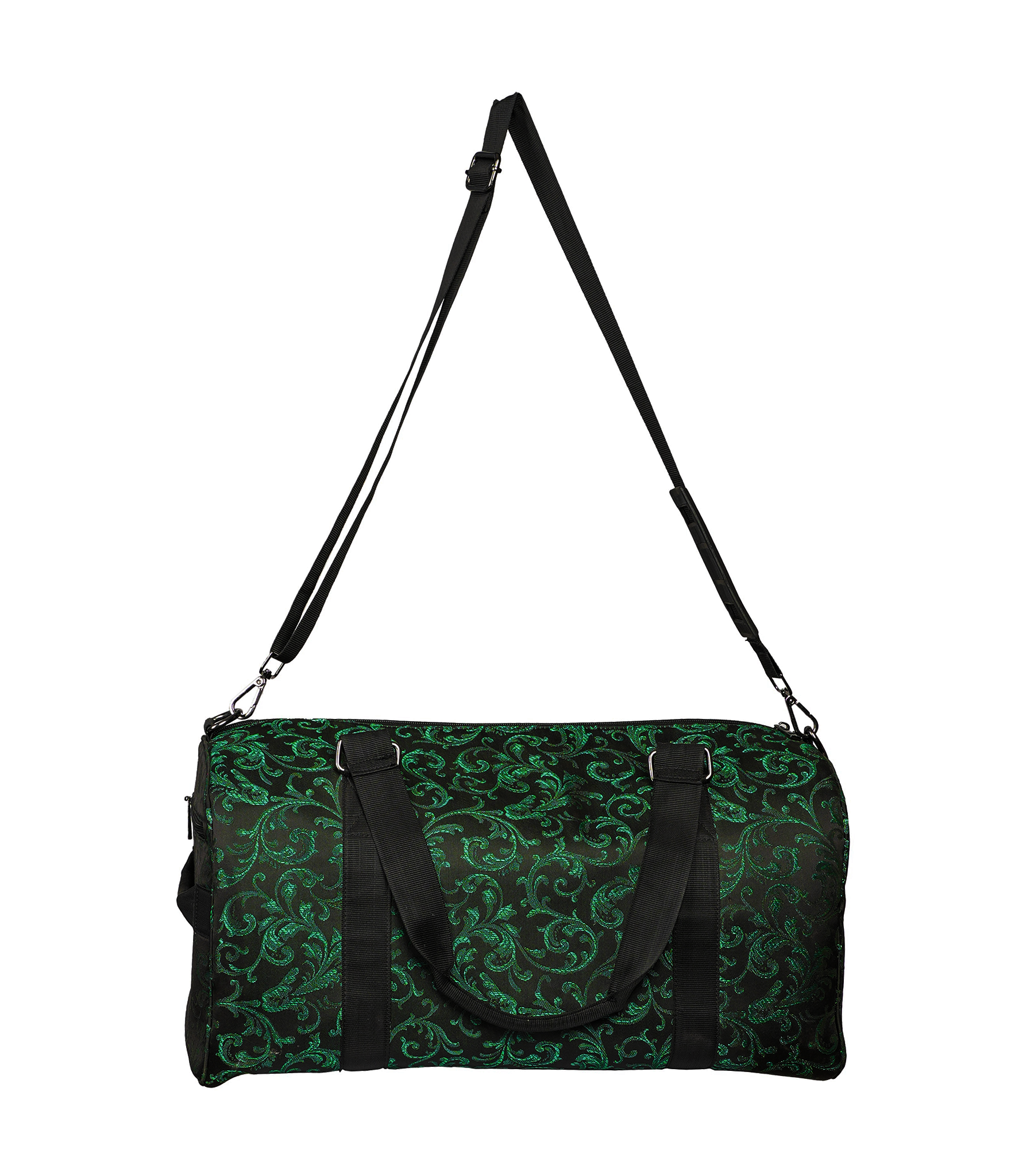 Green patterned duffel bag with black straps on a white background