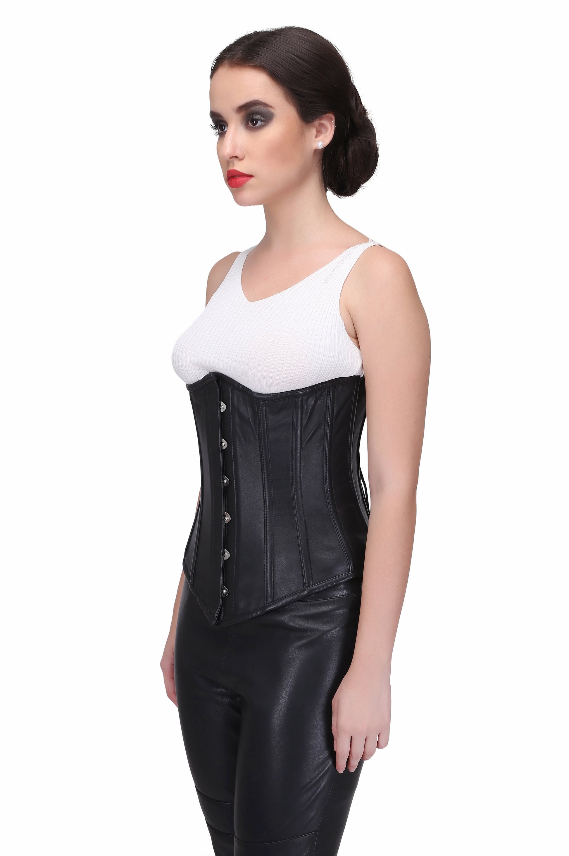 Black leather Steel Boned Waist Reducing Underbust Corset - Corset Revolution