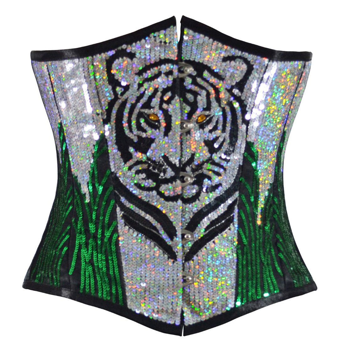 Tiger Sequined Silver Green Underbust Corset - Corset Revolution