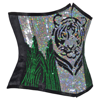 Tiger Sequined Silver Green Underbust Corset - Corset Revolution