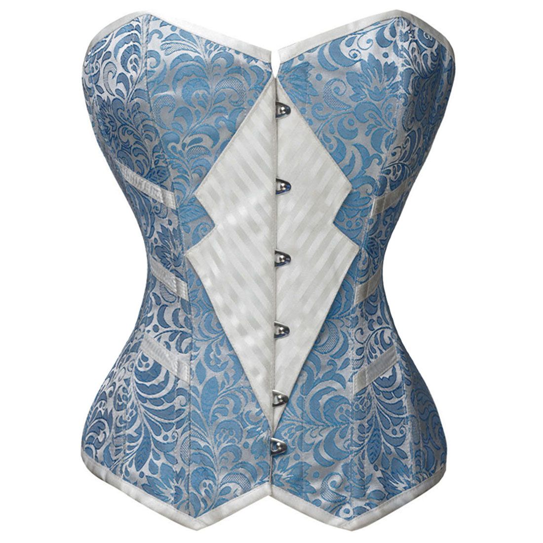 A blue and white overbust corset with a floral pattern, featuring front lacing and steel bones.