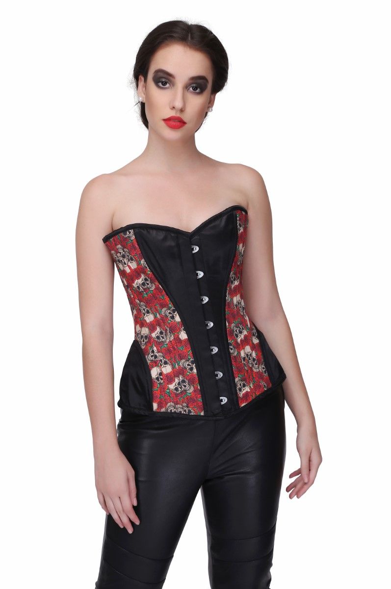 A woman wearing a black and red floral print overbust corset with brocade waist training.