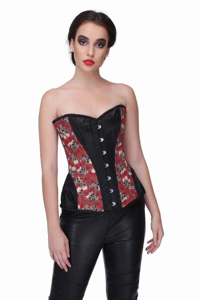 Skull Rose Print with Brocade Waist Training Overbust Corset