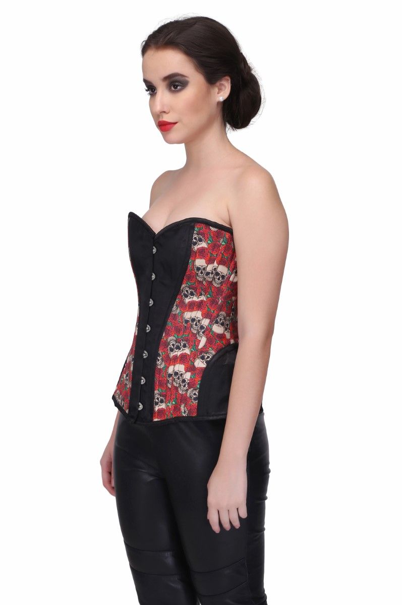 Skull Rose Print with Brocade Waist Training Overbust Corset